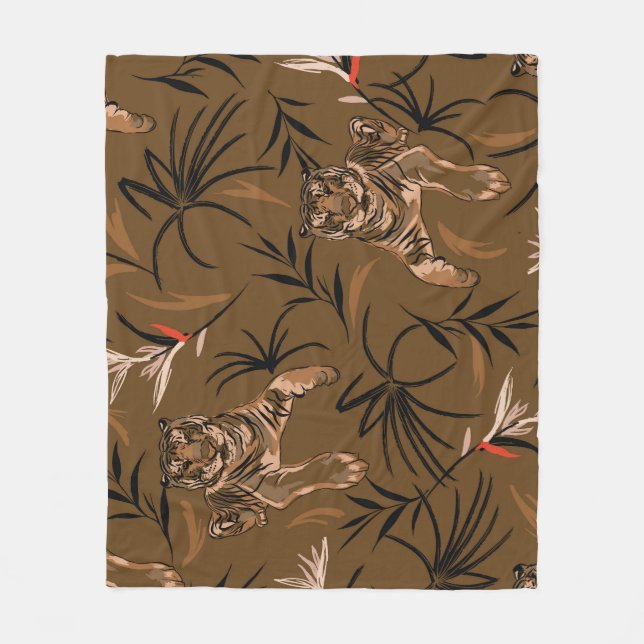Tropical Tigers Paradise Flower Pattern Fleece Blanket (Front)