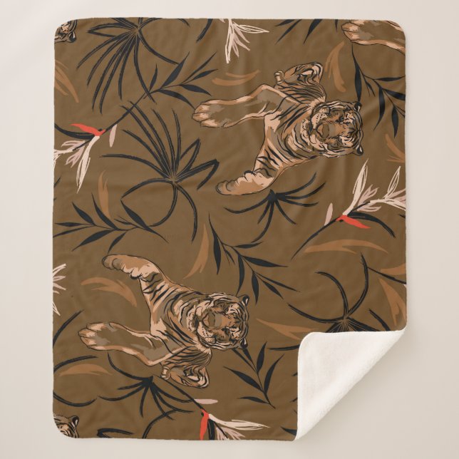 Tropical Tigers Paradise Flower Pattern Sherpa Blanket (Front)
