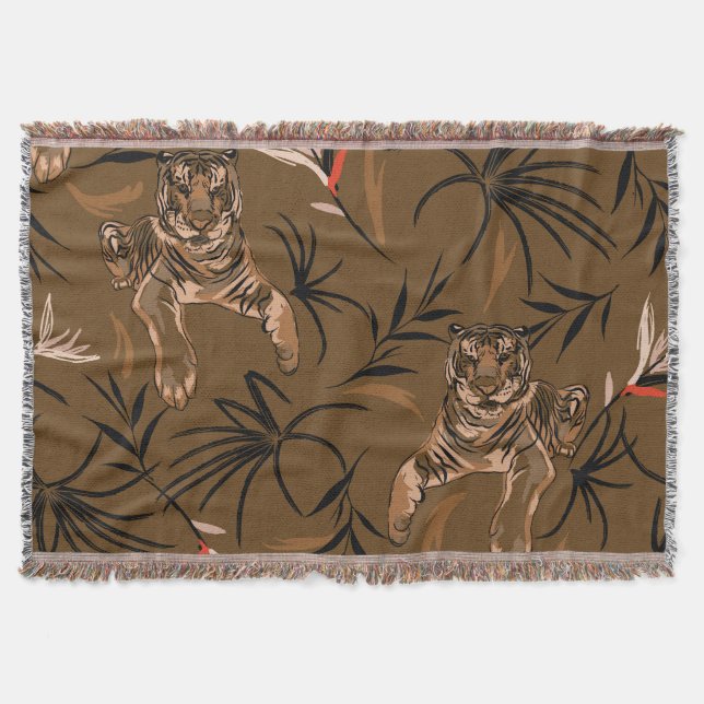 Tropical Tigers Paradise Flower Pattern Throw Blanket (Front)
