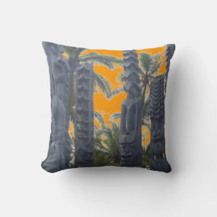 Tropical tiki statue sunset decorative pillow
