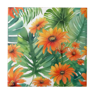 Tropical Tithonia Vibrant Watercolor Tile