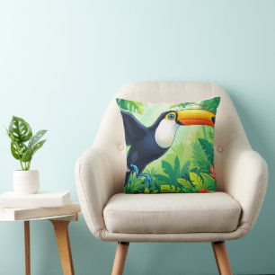 Tropical Toco Toucan in Flight over Jungle Flowers Cushion
