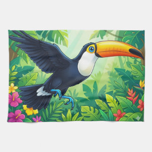 Tropical Toco Toucan in Flight over Jungle Flowers Tea Towel