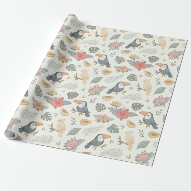 Tropical Toucan and Papaya Pattern Wrapping Paper (Unrolled)