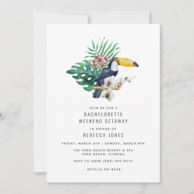 Tropical Toucan Beach Bachelorette Weekend Getaway Invitation (Front)