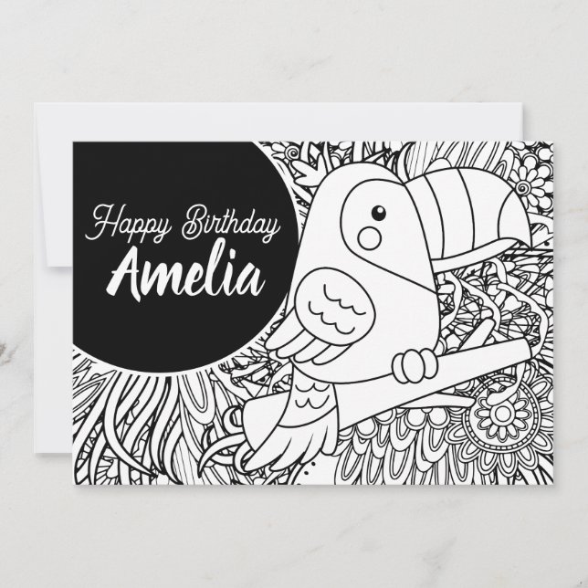 Tropical Toucan Bird Birthday Floral Colouring Holiday Card (Front)