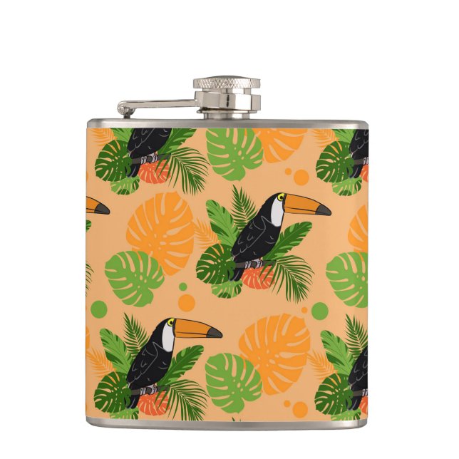 Tropical Toucan Bird Seamless Pattern Hip Flask (Front)
