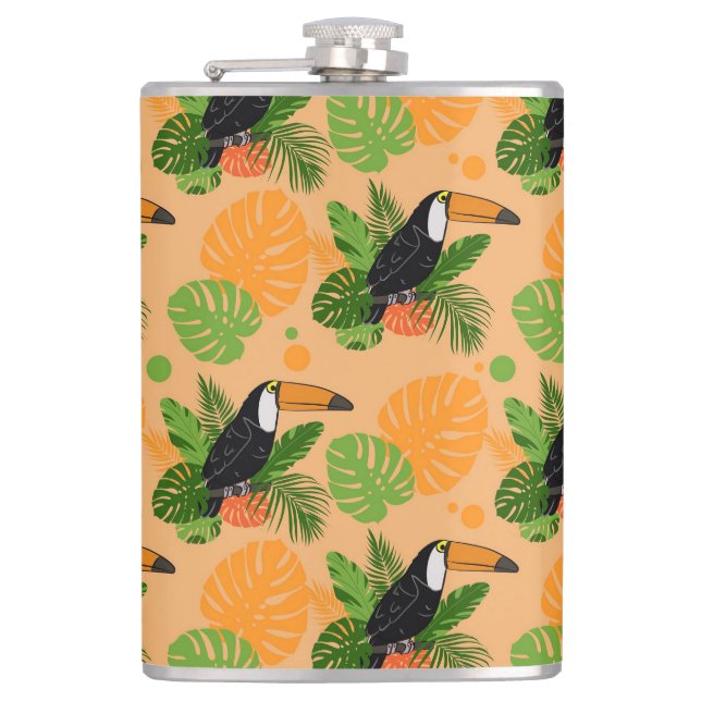 Tropical Toucan Bird Seamless Pattern Hip Flask (Front)
