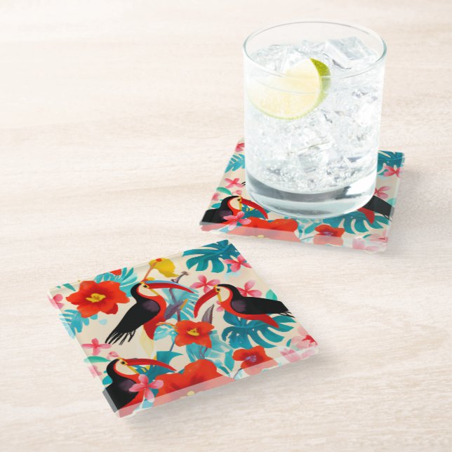 Tropical Toucan birds glass coasters (Angled)