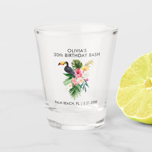 Tropical Toucan Birthday Party Favour Personalised Shot Glass (Front)