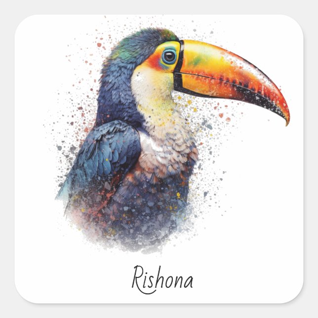 Tropical Toucan Custom Name Rainforest Bird Art Square Sticker (Front)