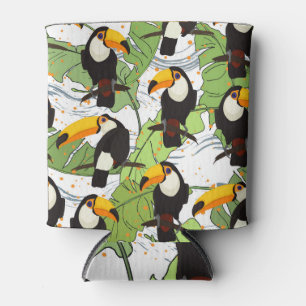 Tropical Toucan, green palms, vintage pattern. Can Cooler