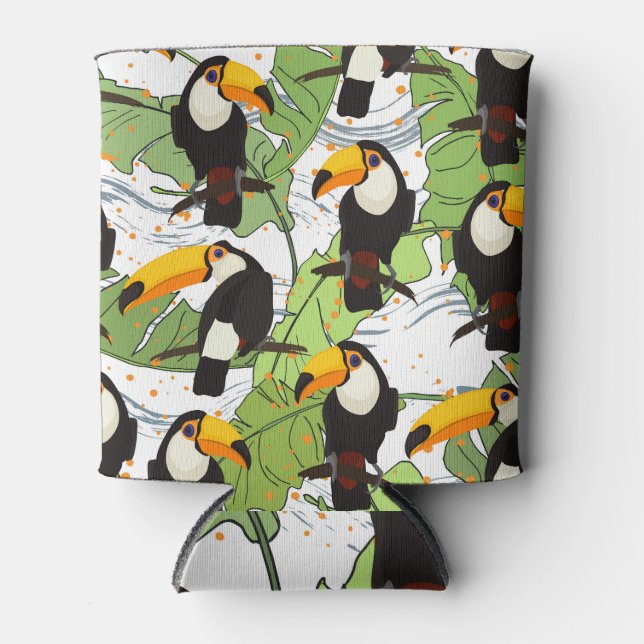 Tropical Toucan, green palms, vintage pattern. Can Cooler (Front)