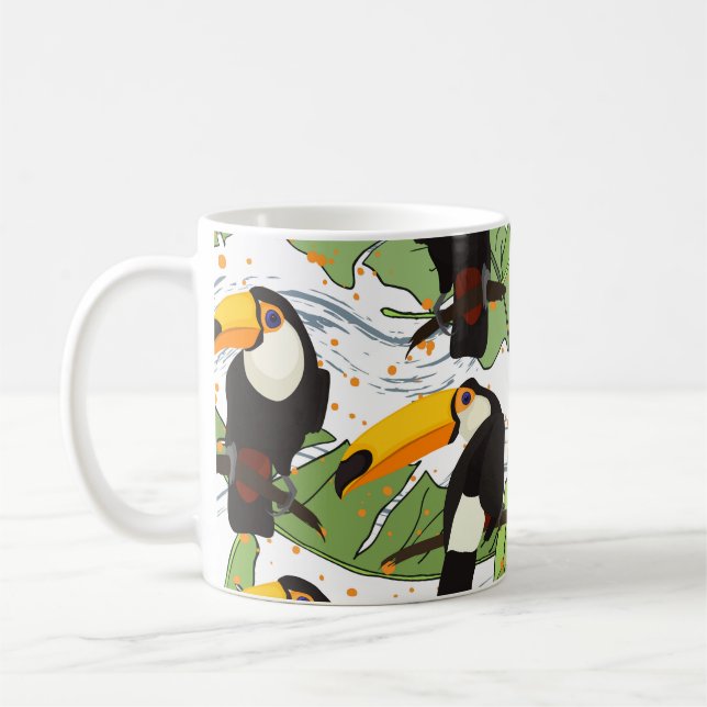 Tropical Toucan, green palms, vintage pattern. Coffee Mug (Left)