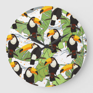 Tropical Toucan, green palms, vintage pattern. Large Clock