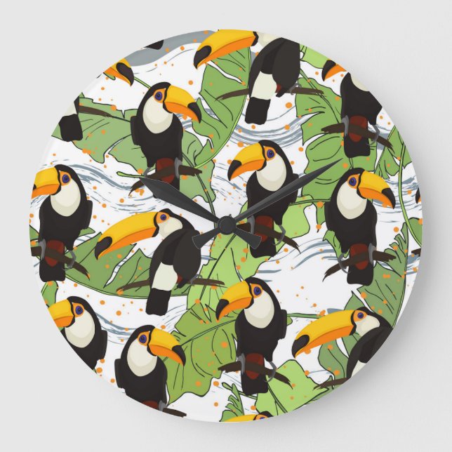 Tropical Toucan, green palms, vintage pattern. Large Clock (Front)