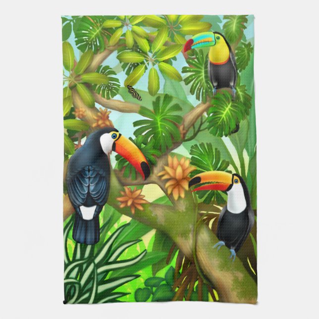 Tropical Toucan Jungle Kitchen Tea Towel (Vertical)