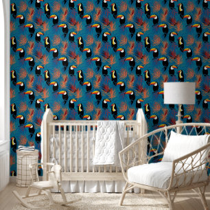 Tropical Toucan & Palm Leaf Pattern on Blue Wallpaper