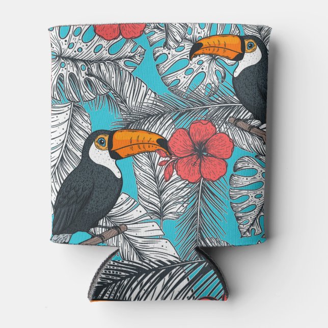 Tropical Toucan: Palm Leaves Pattern Can Cooler (Front)