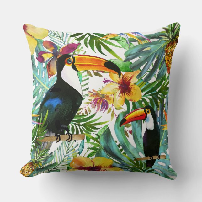 Tropical Toucan Paradise Palm Pineapple Modern Cushion (Front)