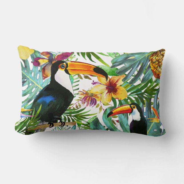 Tropical Toucan Paradise Palm Pineapple Modern Lumbar Cushion (Front)