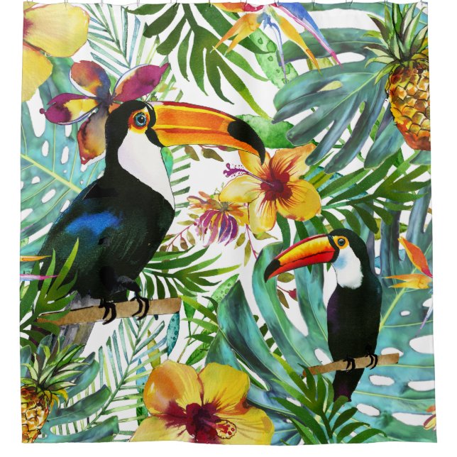Tropical Toucan Paradise Palm Pineapple Modern Shower Curtain (Front)