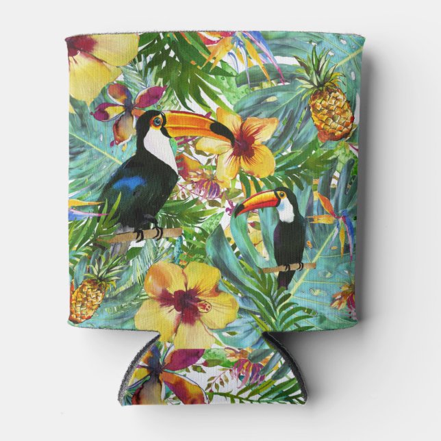 Tropical Toucan Party Palm Pineapple Modern Can Cooler (Front)