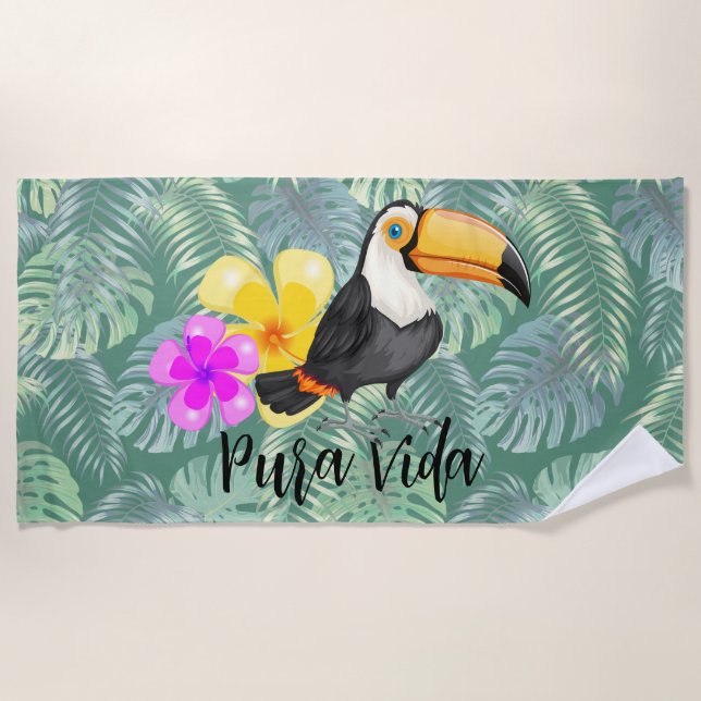 Tropical Toucan Pura Vida Design Beach Towel (Front)