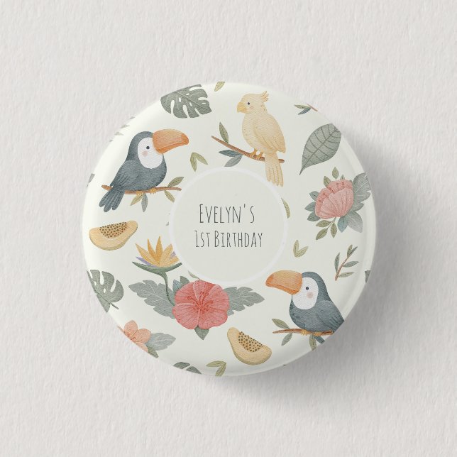 Tropical Toucan Safari Custom Name Birthday Button (Front)