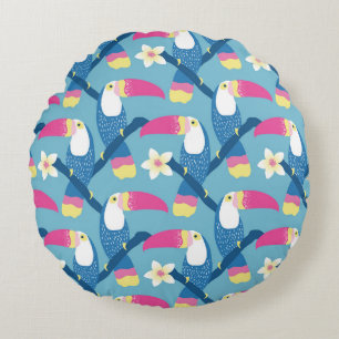 Tropical toucan: vibrant floral pattern. round cushion