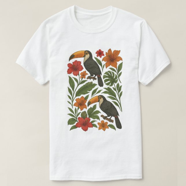 Tropical Toucans and Blooms T-Shirt (Design Front)