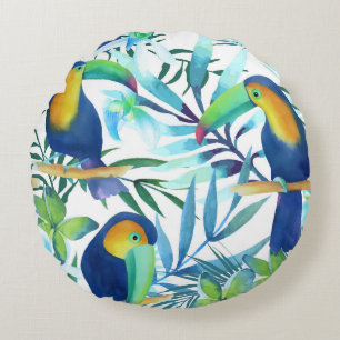Tropical Toucans: Exotic Flower Pattern. Round Cushion