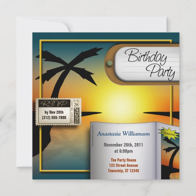 Tropical Travel Sunset Birthday Party Invitations (Front)