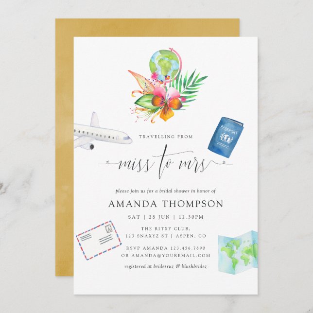 Tropical Travelling From Miss To Mrs Bridal Shower Invitation (Front/Back)