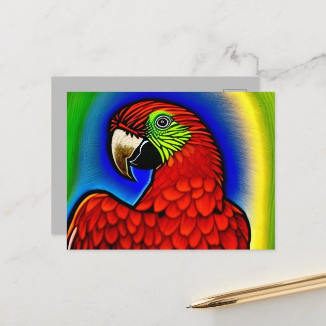 Tropical Treasure: Abstract Vibrant Parrot Artwork Postcard (Front/Back In Situ)