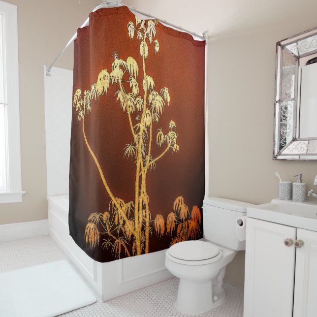 Tropical Tree Silhouette in Browns Shower Curtain (In Situ)