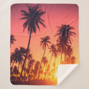 Tropical trees sunset sherpa blanket
