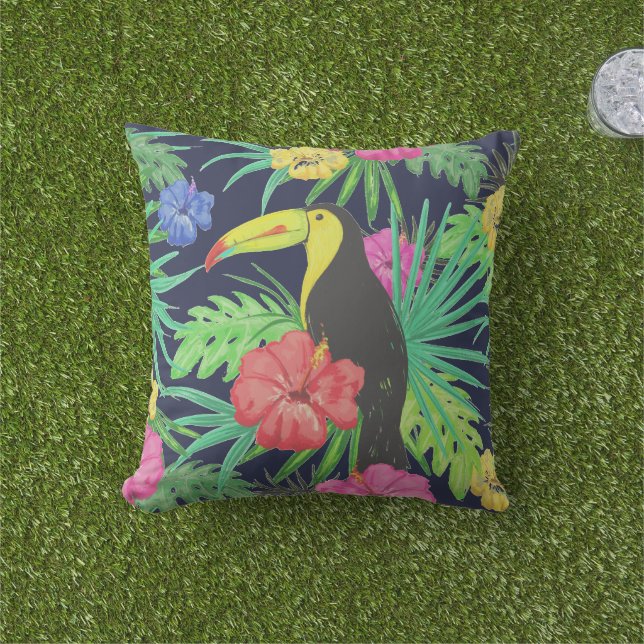 Tropical Tucan and Leaves Rainforest Cushion (Grass)