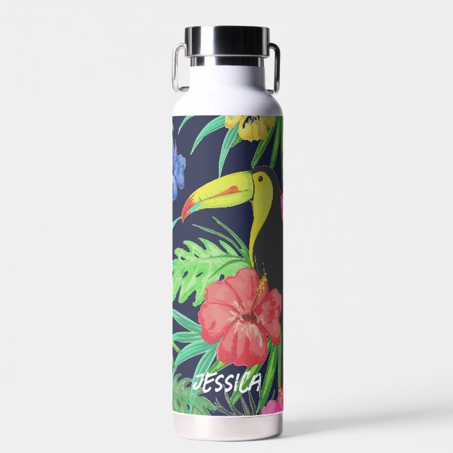 Tropical Tucan and Leaves Rainforest Personalised Water Bottle (Front)