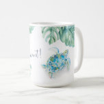 Tropical Turquoise Blue Watercolor Sea Turtle Mug<br><div class="desc">Add tropical island style to your home with my witty latte mug featuring my original hand painted watercolor sea turtle and monstera palm leaves in shades of blue, green and white. The words Seas The Moment are set in hand lettered script typography in navy blue. Personalise the words to Seas...</div>