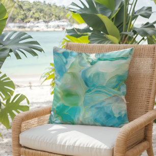Tropical Turquoise Gemstone Watercolor Coastal Cushion
