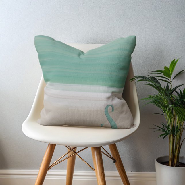 Tropical Turquoise Ocean Beach Monogrammed Pillow (A modern watercolor ocean beach inspired throw pillow with space for your initial)
