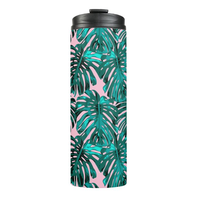 Tropical Turquoise Pink Monstera Jungle Leaves Thermal Tumbler (Front)