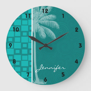 Tropical Turquoise Squares Large Clock