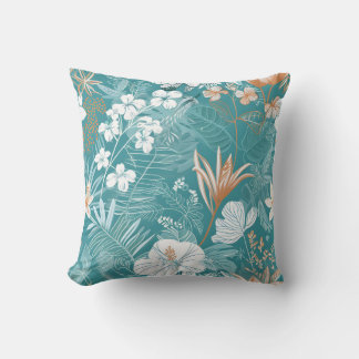 Tropical Turquoise & Terracotta Hibiscus Floral  Cushion