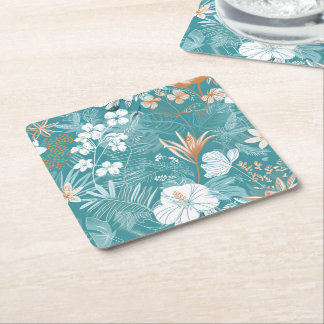 Tropical Turquoise & Terracotta Hibiscus Floral  Square Paper Coaster