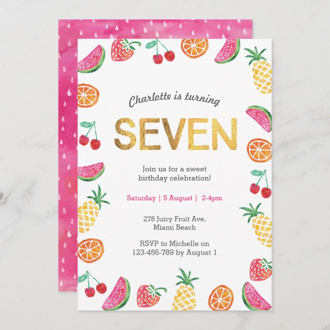 Tropical Tutti Fruitt Gold 6th Birthday Invitation (Front/Back)