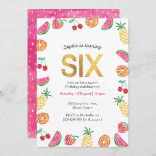 Tropical Tutti Fruitt Gold 6th Birthday Invitation