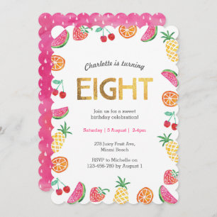 Tropical Tutti Fruitt Gold 8th Birthday Invitation