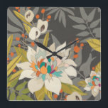 Tropical Twilight Flowers Square Wall Clock<br><div class="desc">Tropical Twilight II by June Erica Vess. This art features blooming flowers in various muted tones with a dark grey background of different tropical leaves. | 153021Z</div>